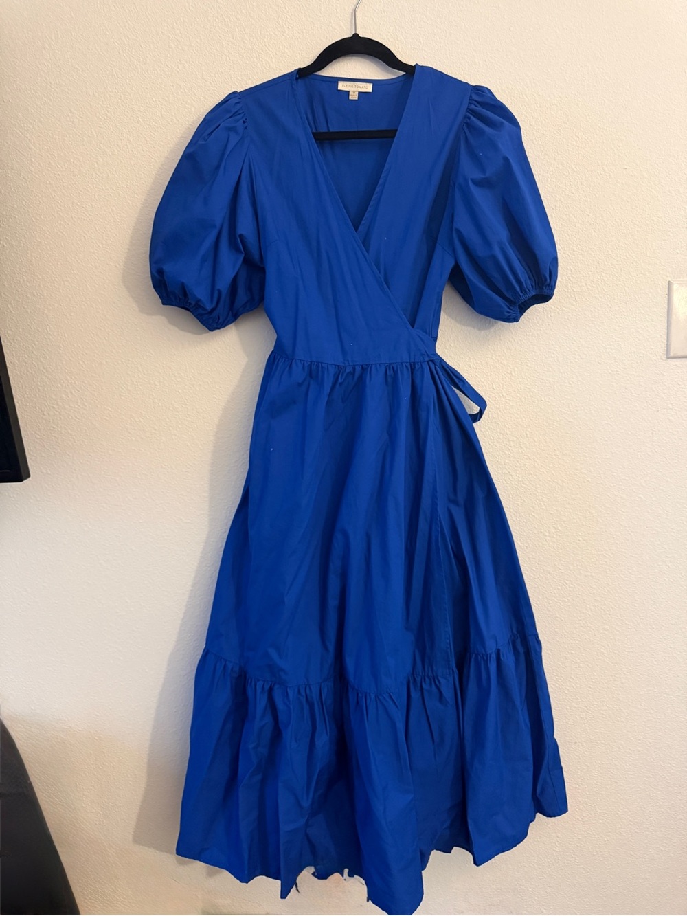 Flying Tomato Cobalt Blue Wrap Midi Dress with Puff Sleeves